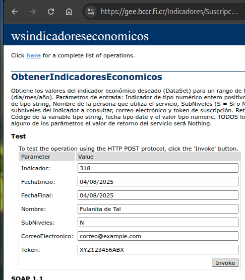 Ejemplo de prueba en navegador web de webservice indicadores económicos bccr para obtener el tipo de cambio