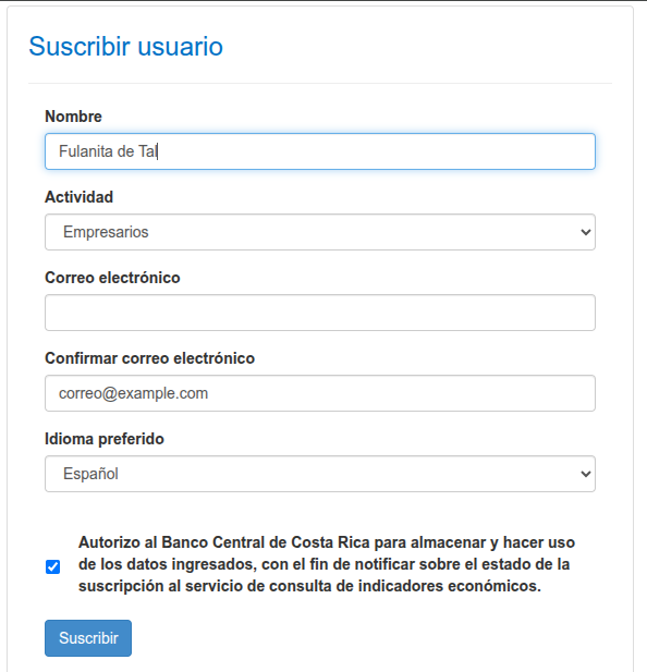 Captura de pantalla de ejemplo del formulario para suscribir usuario para obtener indicadores económicos del Banco Central de Costa Rica