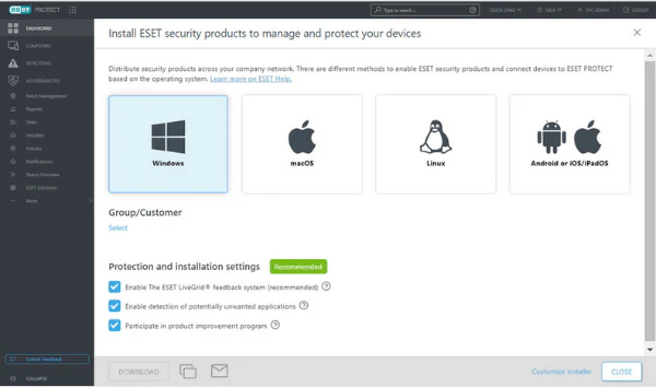 Consola de ESET que muestra pantalla de creación de instaladores especializados para sistemas operativos Windows, macOS, Linux, Android, iOS o iPadOS