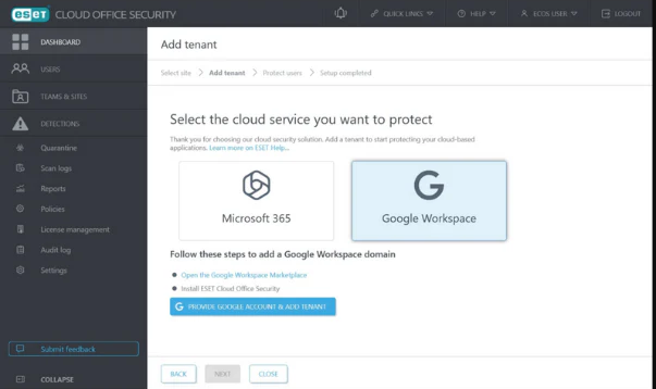 Pantalla de integración ESET con Microsoft 365 (Office365) y Google